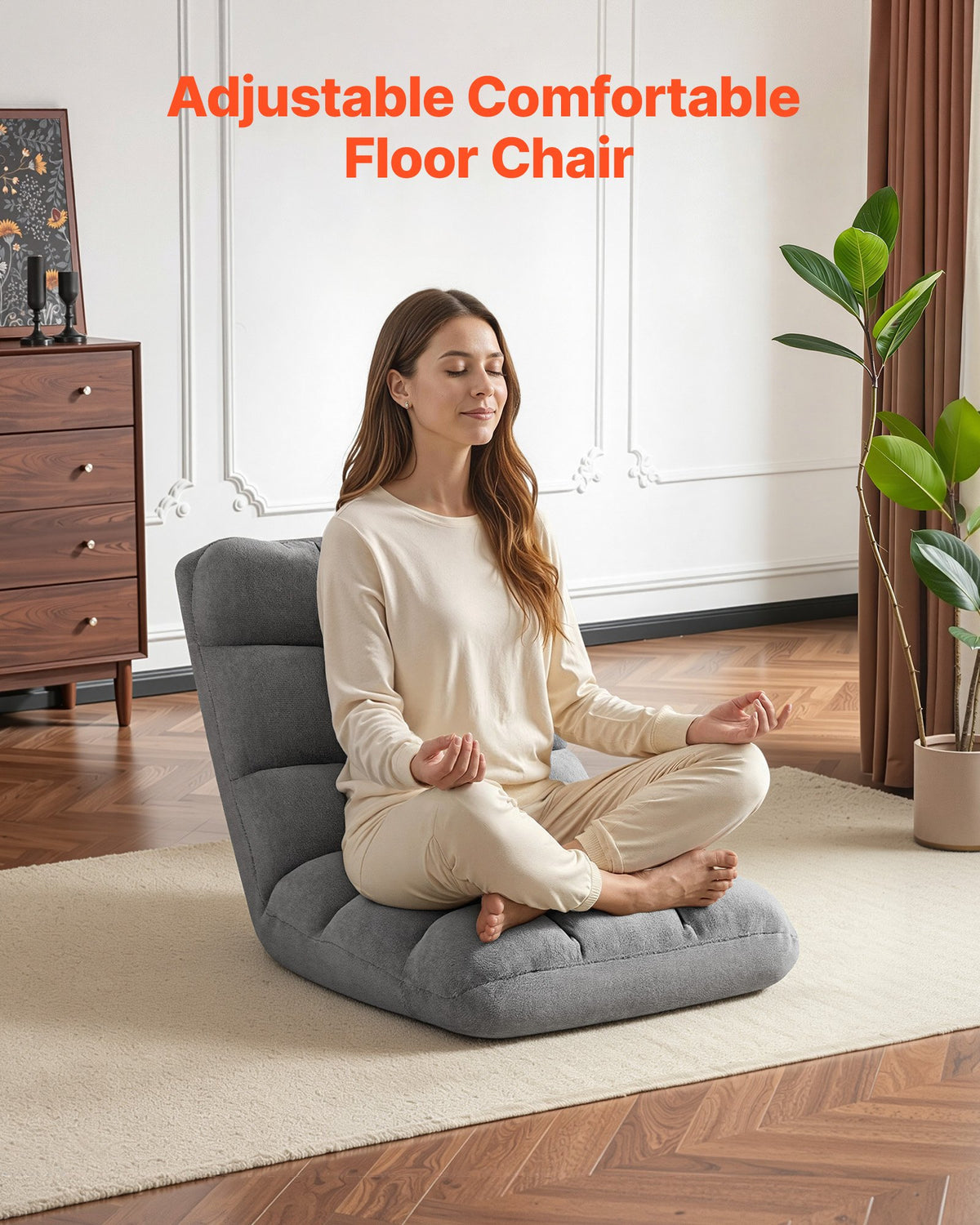 VEVOR Floor Chair, 14 Adjustable Positions Folding Floor Gaming Chair with Back Support, Sturdy Metal Frame with Recycled Foam and Coral Fleece Surface, Multifunctional for Reading, Relaxing, Gray - DBYHSCGKWFS0FTRYG001V0 - view 3