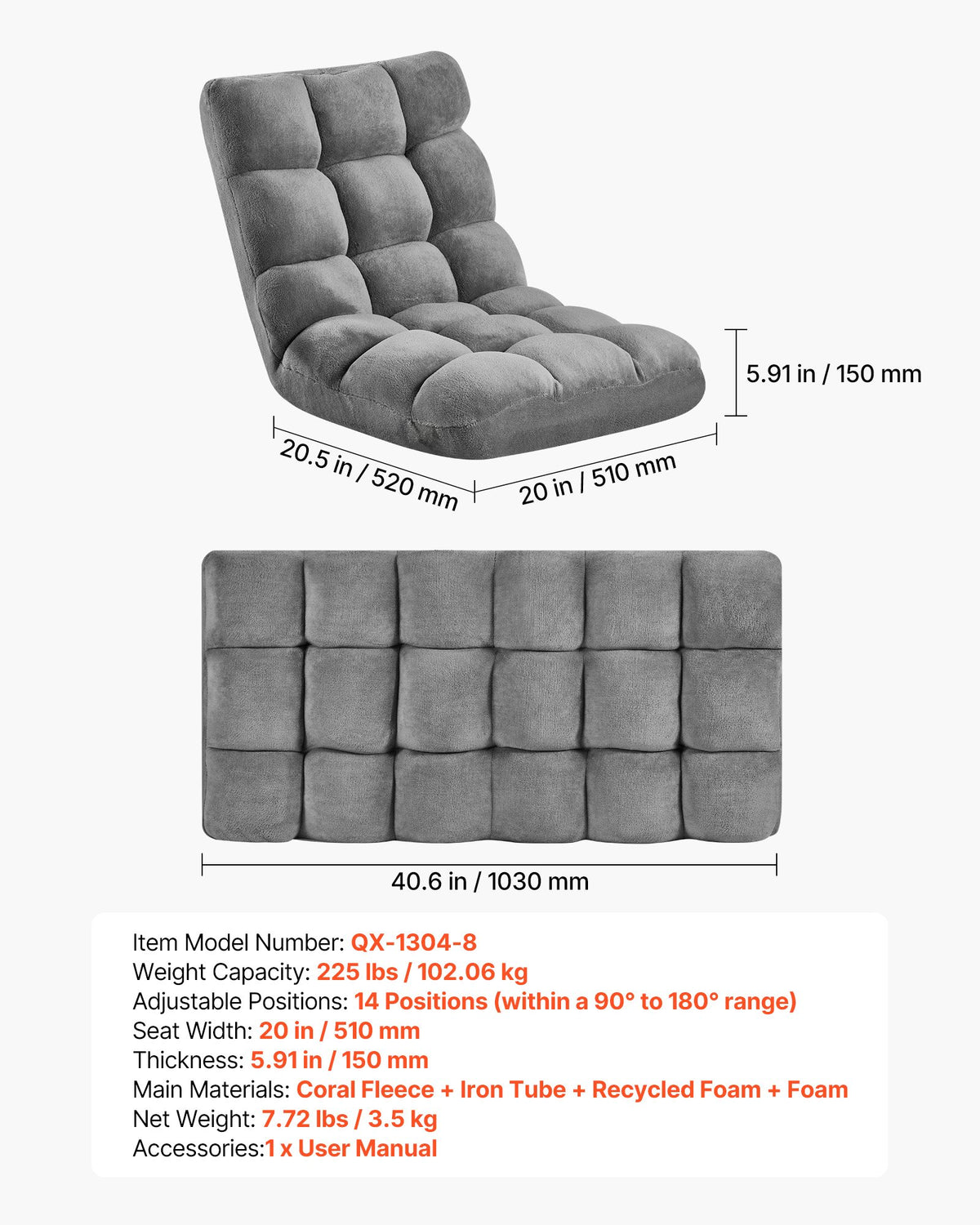 VEVOR Floor Chair, 14 Adjustable Positions Folding Floor Gaming Chair with Back Support, Sturdy Metal Frame with Recycled Foam and Coral Fleece Surface, Multifunctional for Reading, Relaxing, Gray - DBYHSCGKWFS0FTRYG001V0 - view 8