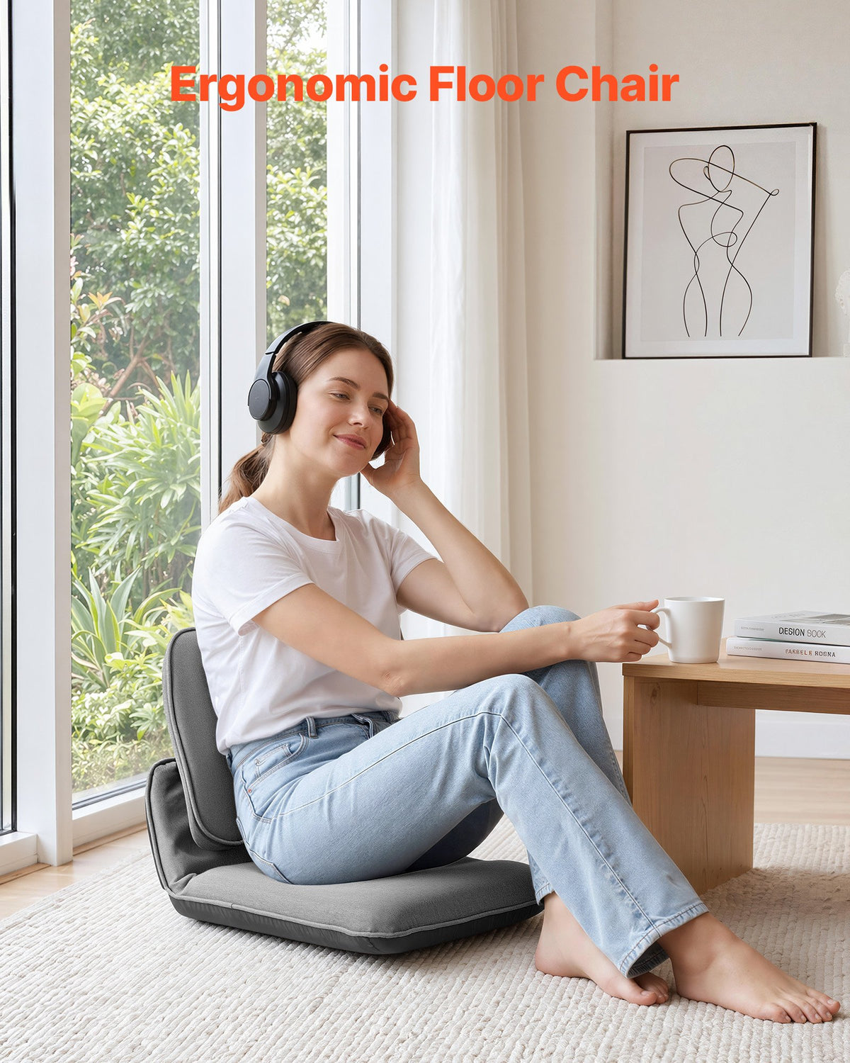 VEVOR Floor Chair, 5 Adjustable Positions Folding Floor Gaming Chair with Ergonomic Back Support, Sturdy Metal Frame with Recycled Foam and Linen Fabric, Multifunctional for Reading, Relaxing, Gray - DBYHSRJGXKWFXL4N4001V0 - view 3