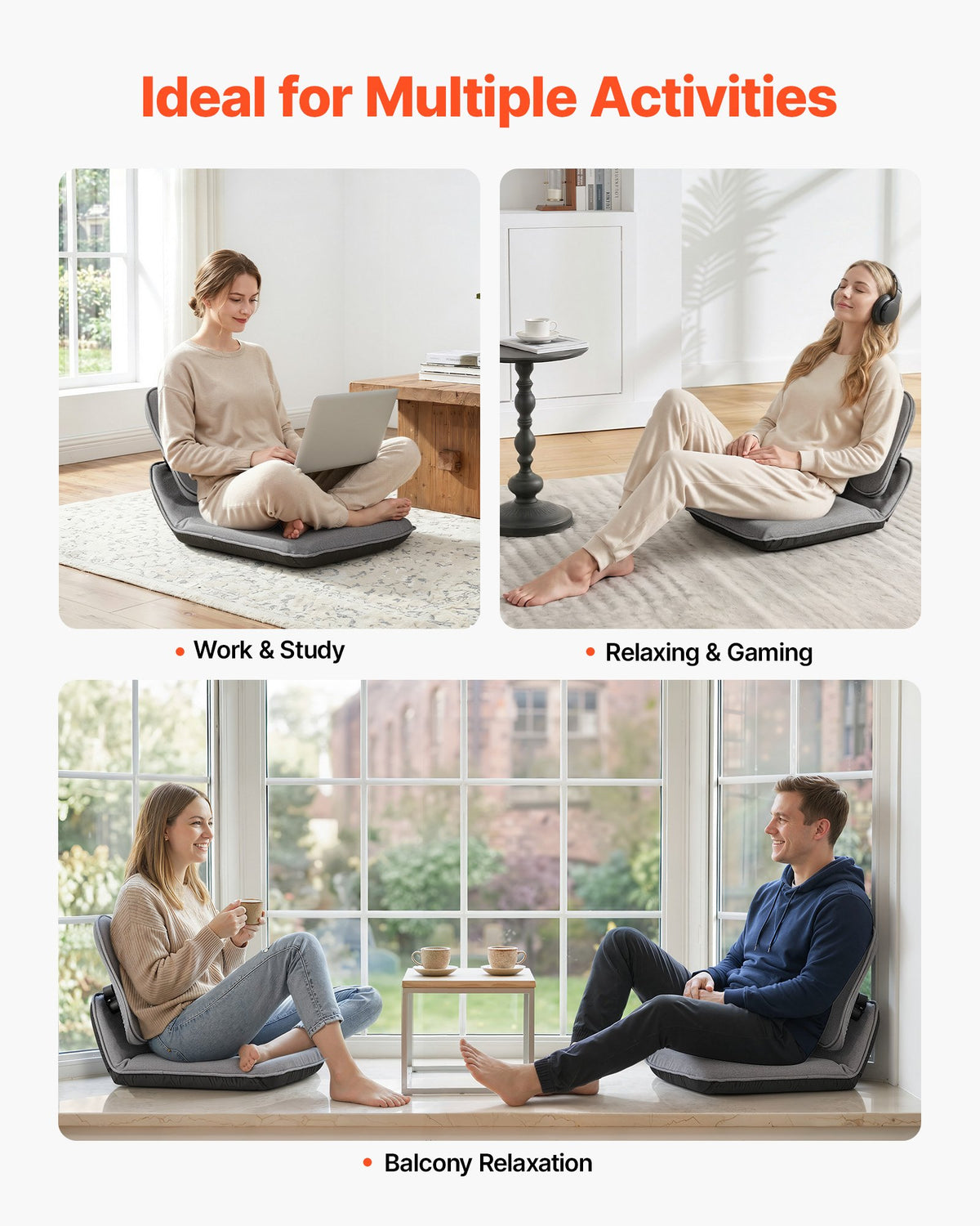 VEVOR Floor Chair, 5 Adjustable Positions Folding Floor Gaming Chair with Ergonomic Back Support, Sturdy Metal Frame with Recycled Foam and Linen Fabric, Multifunctional for Reading, Relaxing, Gray - DBYHSRJGXKWFXL4N4001V0 - view 7