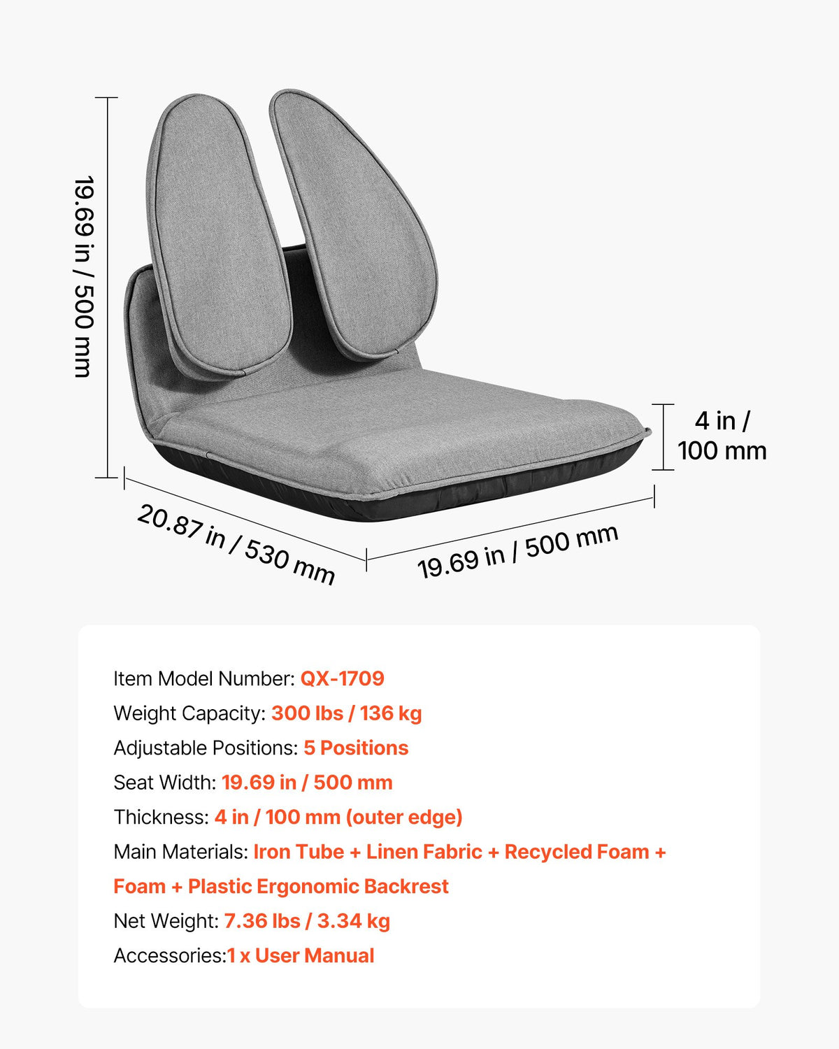 VEVOR Floor Chair, 5 Adjustable Positions Folding Floor Gaming Chair with Ergonomic Back Support, Sturdy Metal Frame with Recycled Foam and Linen Fabric, Multifunctional for Reading, Relaxing, Gray - DBYHSRJGXKWFXL4N4001V0 - view 8