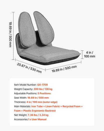 VEVOR Floor Chair, 5 Adjustable Positions Folding Floor Gaming Chair with Ergonomic Back Support, Sturdy Metal Frame with Recycled Foam and Linen Fabric, Multifunctional for Reading, Relaxing, Gray - DBYHSRJGXKWFXL4N4001V0 - view 8