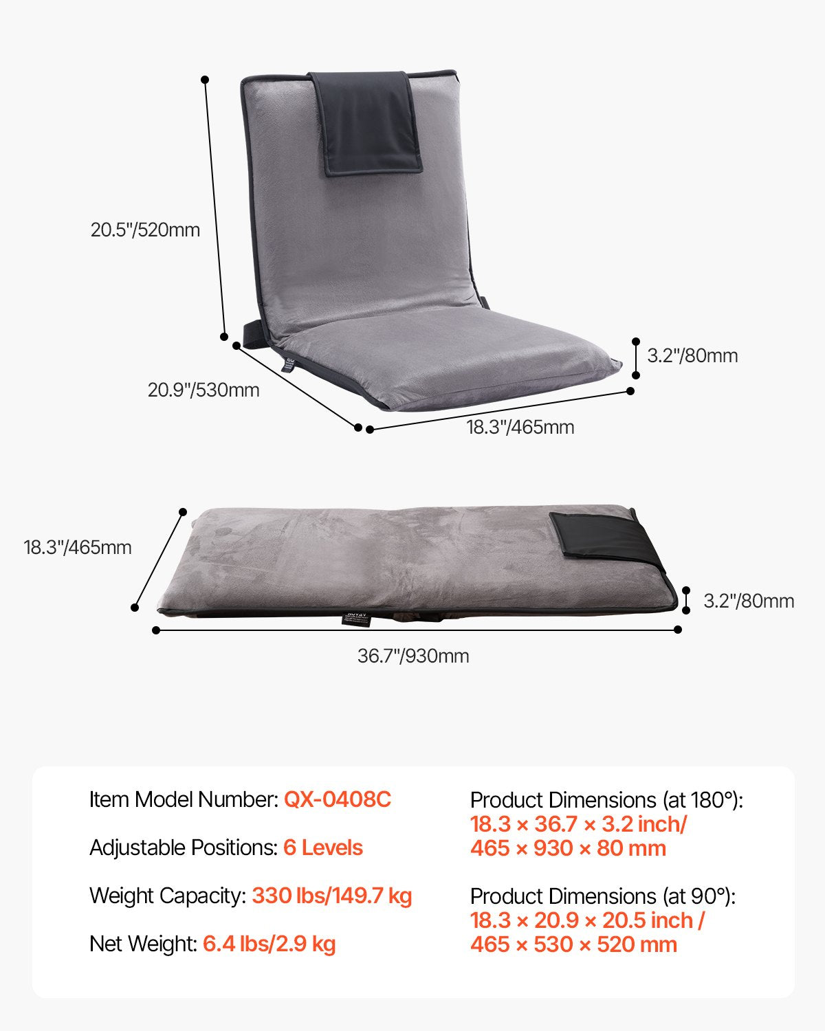 VEVOR Floor Chair, 6-Position Adjustable Meditation Chair with Back Support, Folding Sofa Chair for Reading TV Watching and Gaming, Portable Floor Seat Lounge Sofa Chair for Kids Teens Adults, Gray - DBYQBKWFS000DD52CV0 - view 8