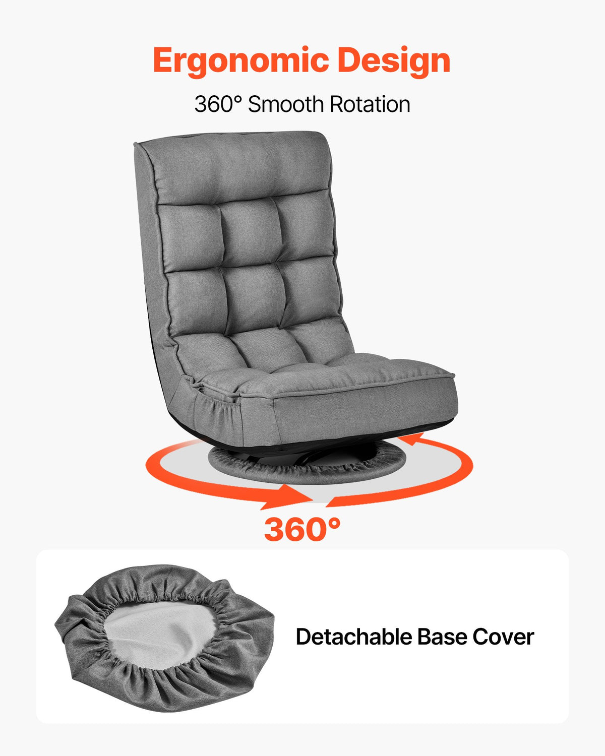 VEVOR Swivel Floor Gaming Chair, 360-Degree Rotating Floor Chair with 4 Adjustable Position Folding Backrest, Metal Frame with Recycled Foam and Linen Fabric, for Watching TV, Reading, Relaxing, Gray - DBYSHSXZKWFS3II79001V0 - view 6