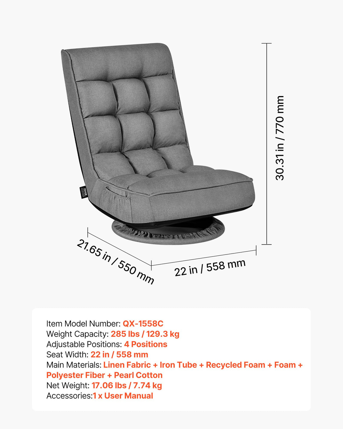 VEVOR Swivel Floor Gaming Chair, 360-Degree Rotating Floor Chair with 4 Adjustable Position Folding Backrest, Metal Frame with Recycled Foam and Linen Fabric, for Watching TV, Reading, Relaxing, Gray - DBYSHSXZKWFS3II79001V0 - view 8