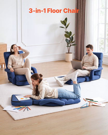 VEVOR Floor Chair, 5 Adjustable Positions Folding Floor Gaming Chair with Back Support, Armrests, and Cushion, Sturdy Metal Frame with Recycled Foam and Linen Fabric, for Reading, Relaxing, Dark Blue - DBYSLSZDCKYFD7Z3R001V0 - view 3