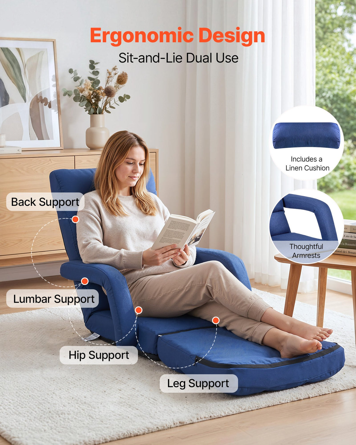 VEVOR Floor Chair, 5 Adjustable Positions Folding Floor Gaming Chair with Back Support, Armrests, and Cushion, Sturdy Metal Frame with Recycled Foam and Linen Fabric, for Reading, Relaxing, Dark Blue - DBYSLSZDCKYFD7Z3R001V0 - view 6
