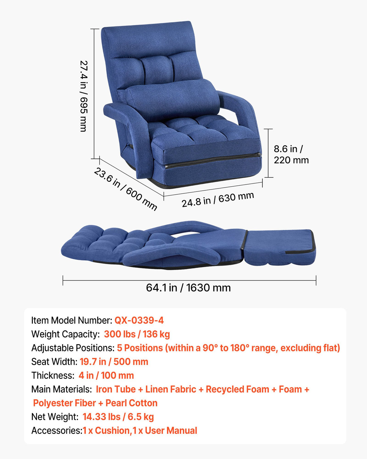VEVOR Floor Chair, 5 Adjustable Positions Folding Floor Gaming Chair with Back Support, Armrests, and Cushion, Sturdy Metal Frame with Recycled Foam and Linen Fabric, for Reading, Relaxing, Dark Blue - DBYSLSZDCKYFD7Z3R001V0 - view 8