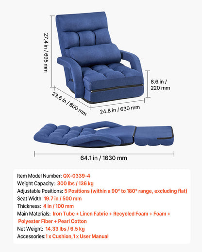 VEVOR Floor Chair, 5 Adjustable Positions Folding Floor Gaming Chair with Back Support, Armrests, and Cushion, Sturdy Metal Frame with Recycled Foam and Linen Fabric, for Reading, Relaxing, Dark Blue - DBYSLSZDCKYFD7Z3R001V0 - view 8