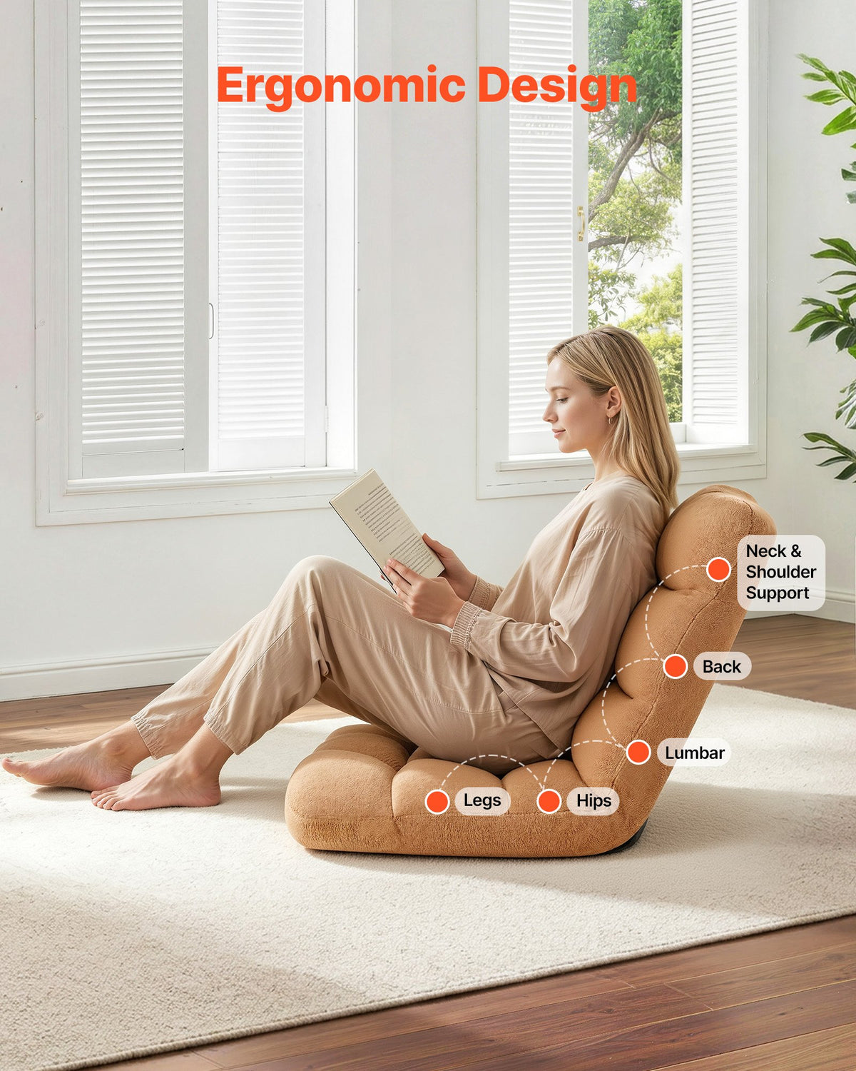 VEVOR Floor Chair, 14 Adjustable Positions Folding Floor Gaming Chair with Back Support, Sturdy Metal Frame with Recycled Foam and Coral Fleece Surface, Multifunctional for Reading, Relaxing, Brown - DBYSZSCGKWFSGJ0R7001V0 - view 6
