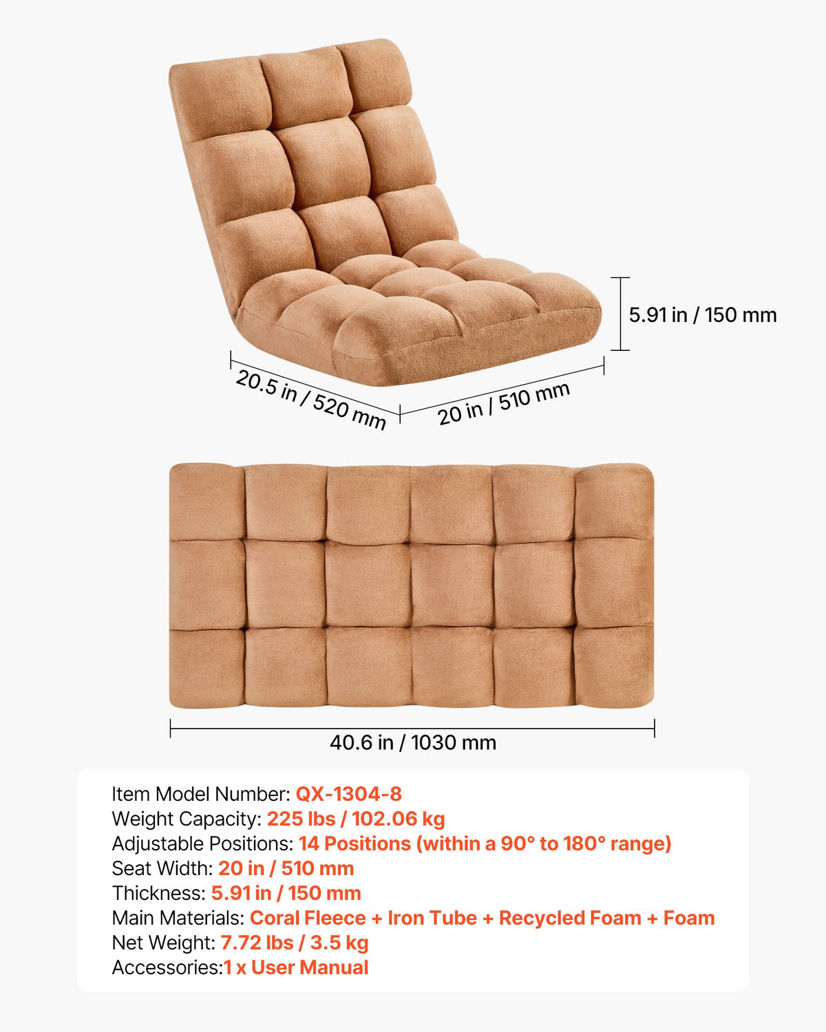 VEVOR Floor Chair, 14 Adjustable Positions Folding Floor Gaming Chair with Back Support, Sturdy Metal Frame with Recycled Foam and Coral Fleece Surface, Multifunctional for Reading, Relaxing, Brown - DBYSZSCGKWFSGJ0R7001V0 - view 8