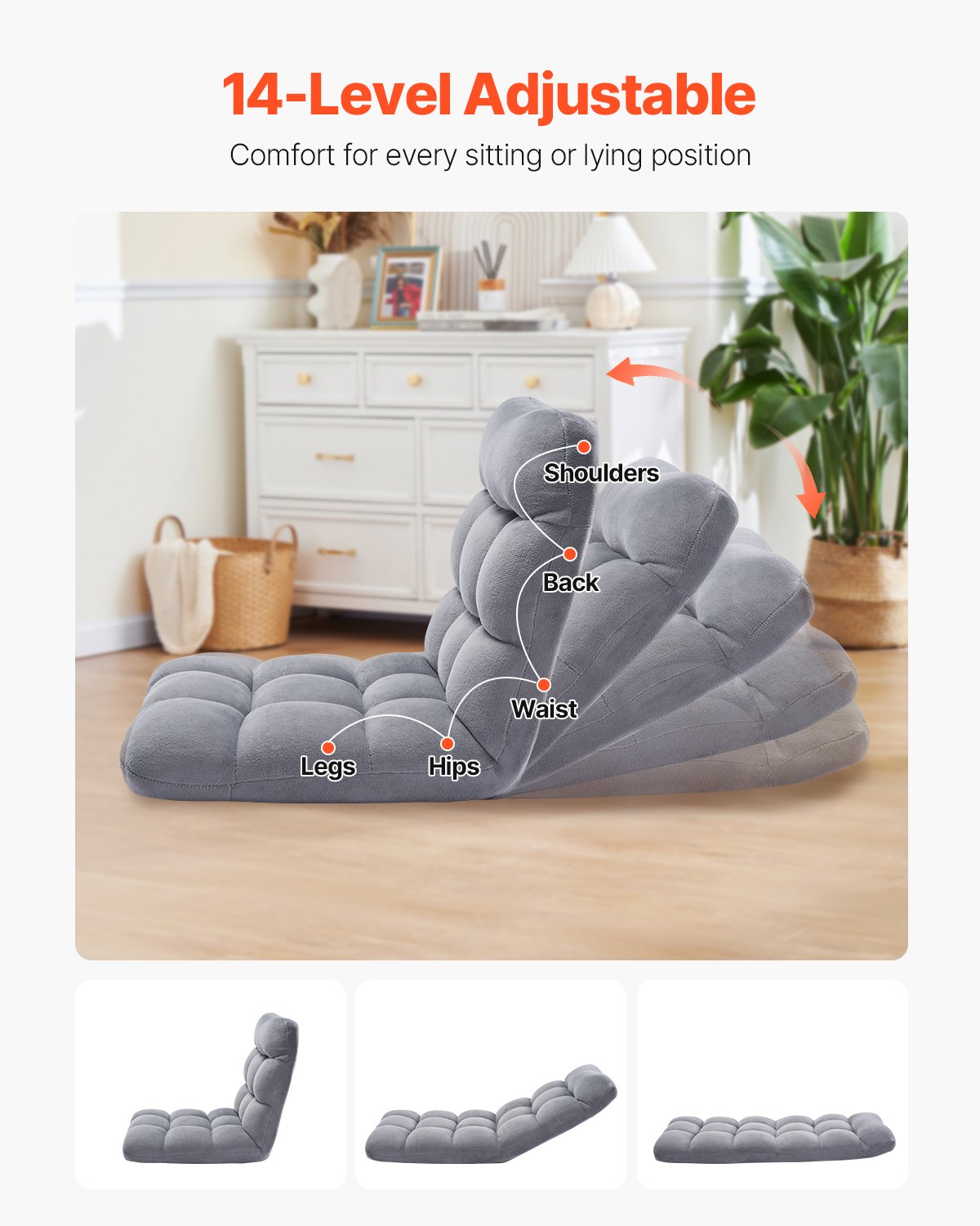 VEVOR Floor Chair, Recycled Foam Folding Sofa Chair with 14 Adjustable Positions, Multifunctional Floor Chair with Back Support Ideal for Sleeping Reading, Floor Gaming Chair for Living Room, Gray - DBYWFSCGK000ORDFAV0 - view 3