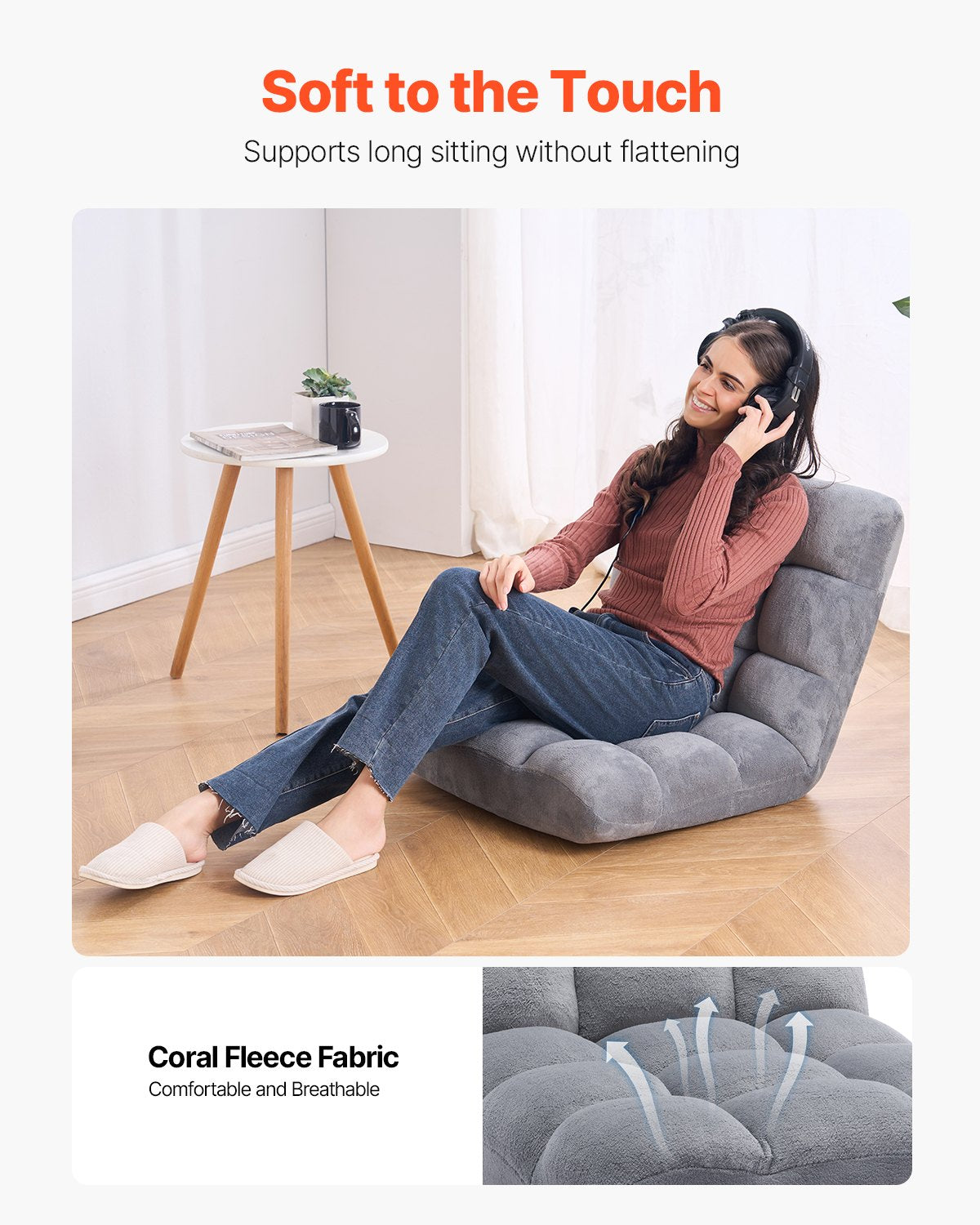 VEVOR Floor Chair, Recycled Foam Folding Sofa Chair with 14 Adjustable Positions, Multifunctional Floor Chair with Back Support Ideal for Sleeping Reading, Floor Gaming Chair for Living Room, Gray - DBYWFSCGK000ORDFAV0 - view 4
