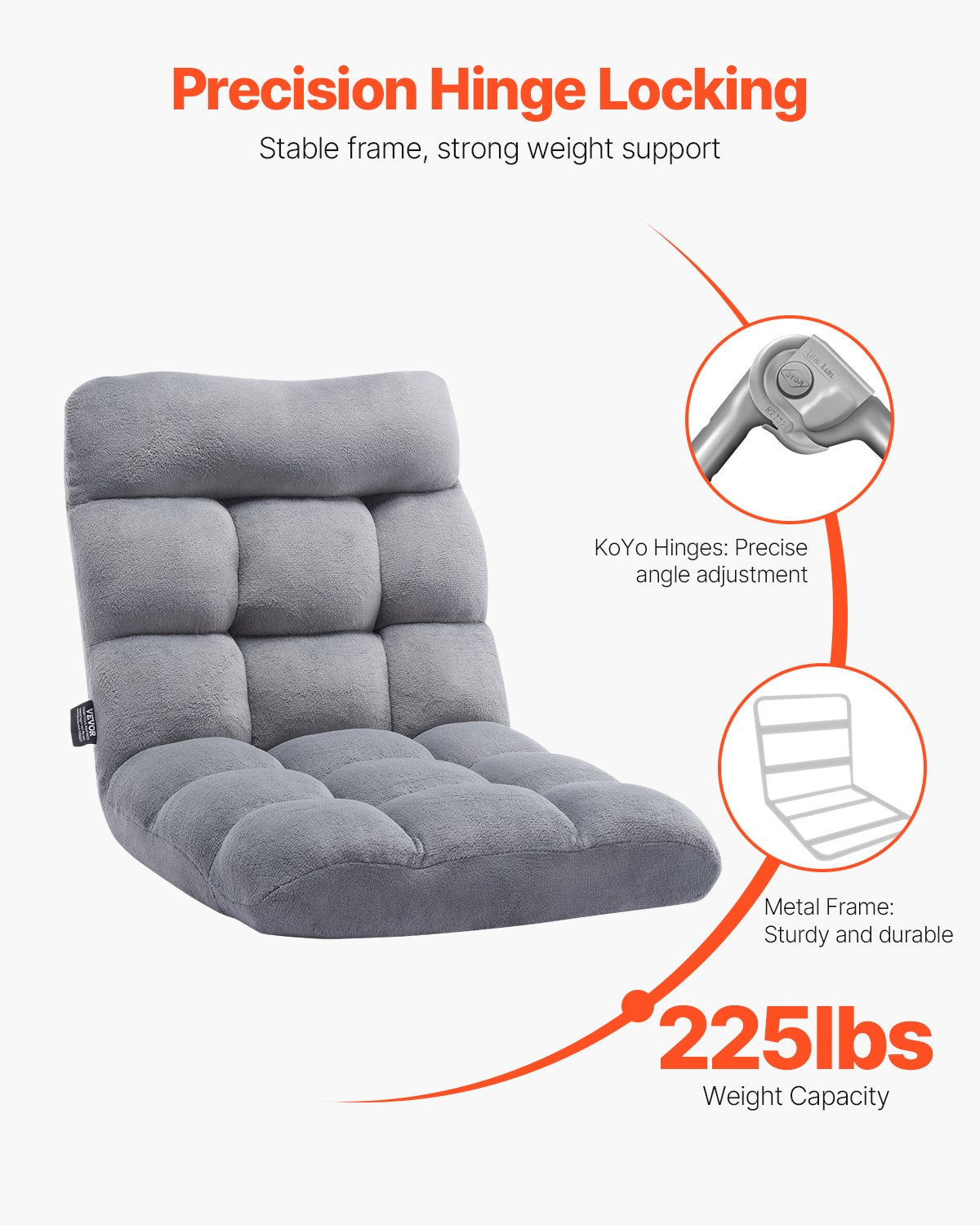 VEVOR Floor Chair, Recycled Foam Folding Sofa Chair with 14 Adjustable Positions, Multifunctional Floor Chair with Back Support Ideal for Sleeping Reading, Floor Gaming Chair for Living Room, Gray - DBYWFSCGK000ORDFAV0 - view 5