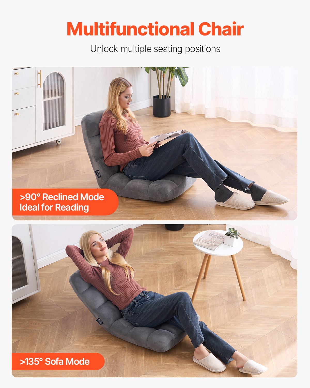 VEVOR Floor Chair, Recycled Foam Folding Sofa Chair with 14 Adjustable Positions, Multifunctional Floor Chair with Back Support Ideal for Sleeping Reading, Floor Gaming Chair for Living Room, Gray - DBYWFSCGK000ORDFAV0 - view 7