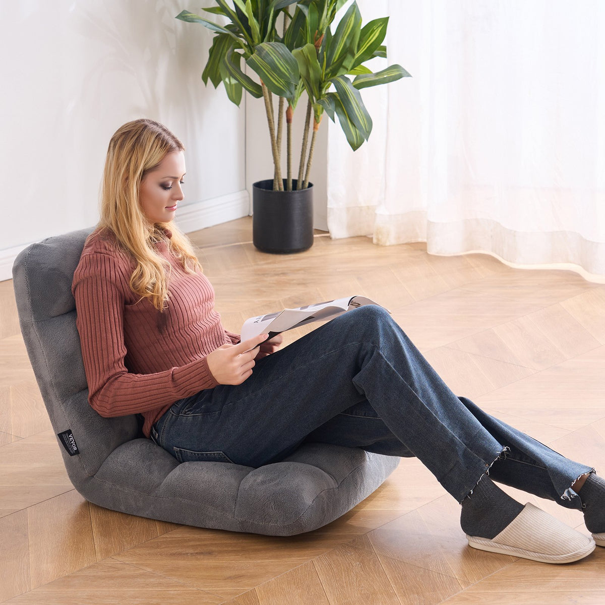VEVOR Floor Chair, Recycled Foam Folding Sofa Chair with 14 Adjustable Positions, Multifunctional Floor Chair with Back Support Ideal for Sleeping Reading, Floor Gaming Chair for Living Room, Gray - DBYWFSCGK000ORDFAV0 - view 9