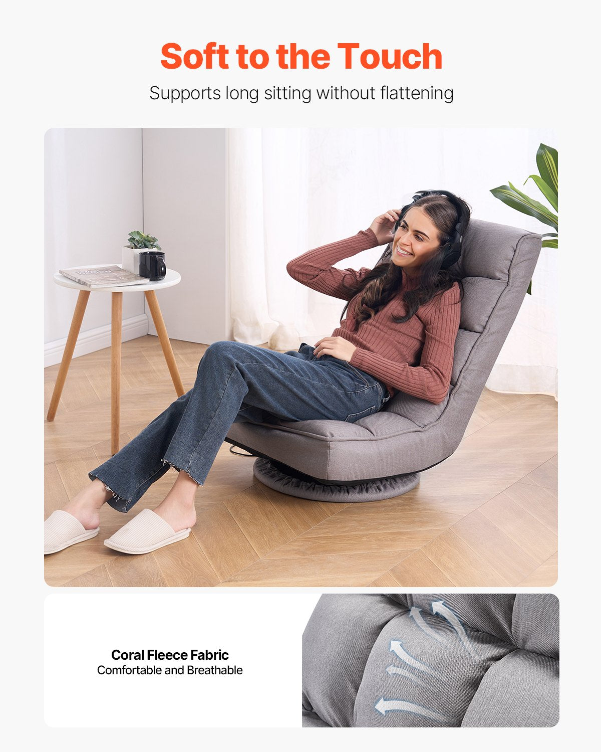 VEVOR Swivel Floor Gaming Chair, 360-Degree Rotating Floor Chair with 4 Adjustable Position Folding Backrest and Lumbar Support, Folding Video Reclining Sofa for Watching TV Reading Playing Game, Gray - DBYXZKWFS000O4SU9V0 - view 4