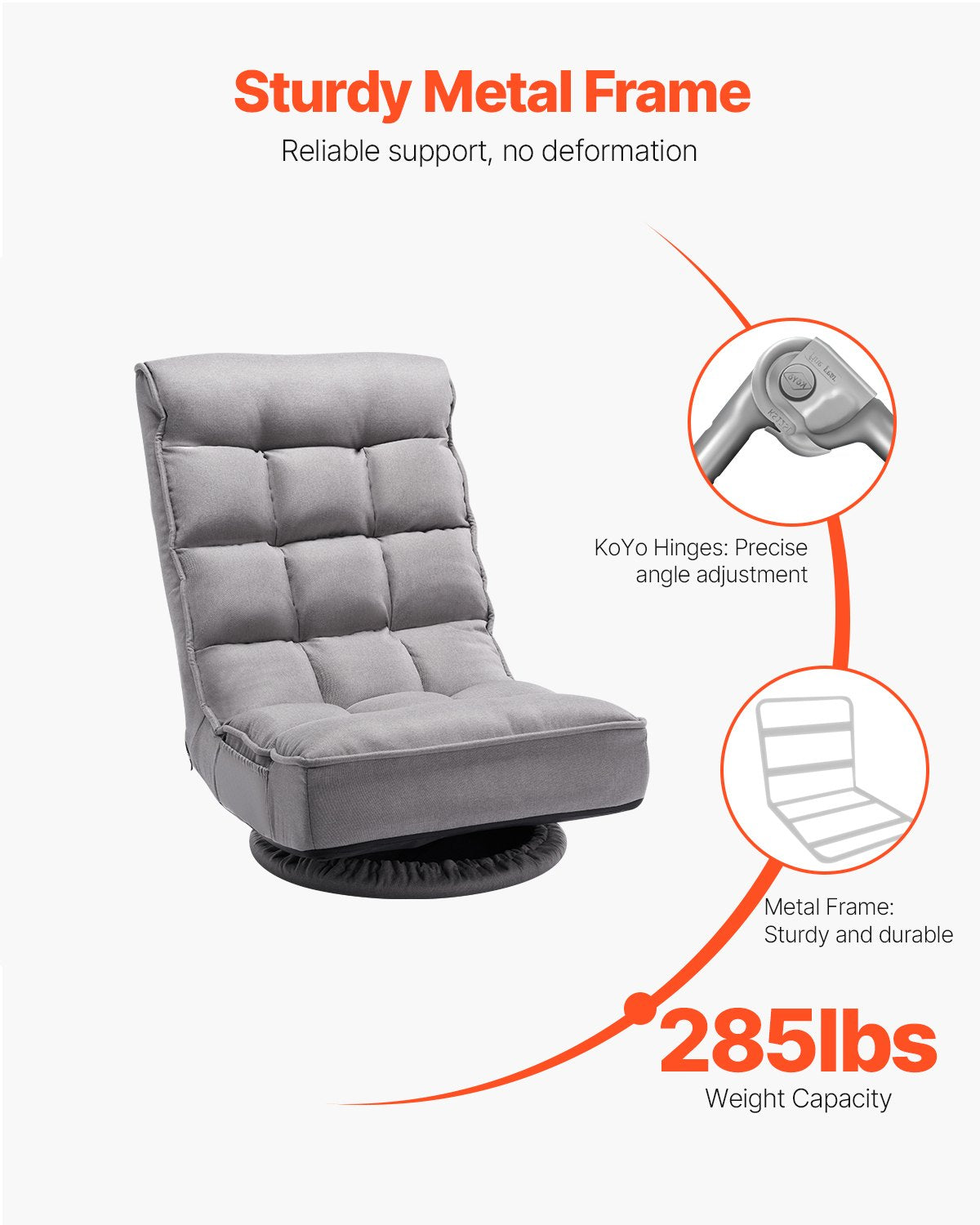 VEVOR Swivel Floor Gaming Chair, 360-Degree Rotating Floor Chair with 4 Adjustable Position Folding Backrest and Lumbar Support, Folding Video Reclining Sofa for Watching TV Reading Playing Game, Gray - DBYXZKWFS000O4SU9V0 - view 5
