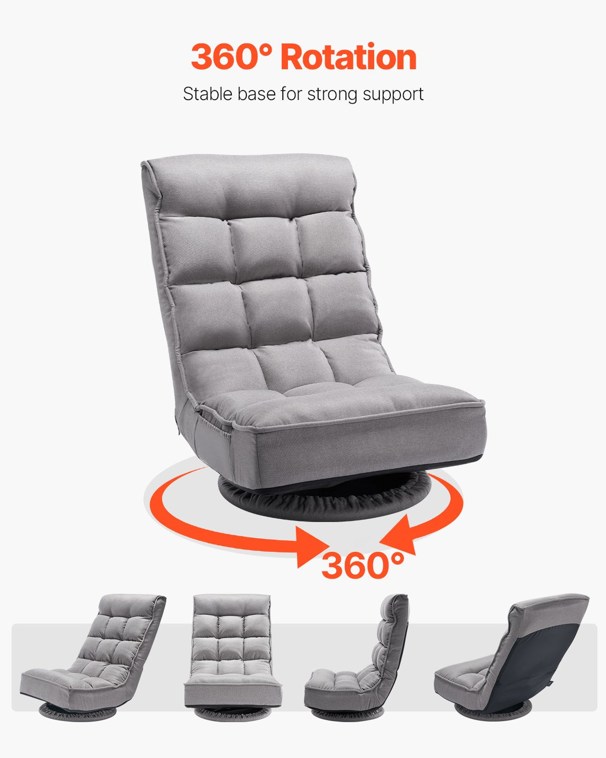 VEVOR Swivel Floor Gaming Chair, 360-Degree Rotating Floor Chair with 4 Adjustable Position Folding Backrest and Lumbar Support, Folding Video Reclining Sofa for Watching TV Reading Playing Game, Gray - DBYXZKWFS000O4SU9V0 - view 6