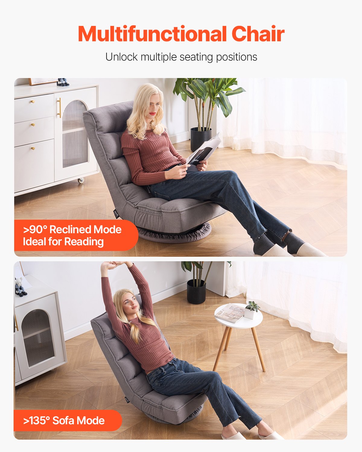 VEVOR Swivel Floor Gaming Chair, 360-Degree Rotating Floor Chair with 4 Adjustable Position Folding Backrest and Lumbar Support, Folding Video Reclining Sofa for Watching TV Reading Playing Game, Gray - DBYXZKWFS000O4SU9V0 - view 7