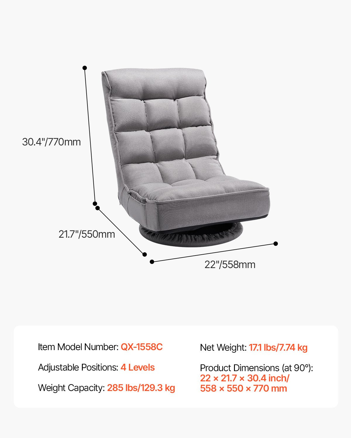 VEVOR Swivel Floor Gaming Chair, 360-Degree Rotating Floor Chair with 4 Adjustable Position Folding Backrest and Lumbar Support, Folding Video Reclining Sofa for Watching TV Reading Playing Game, Gray - DBYXZKWFS000O4SU9V0 - view 8