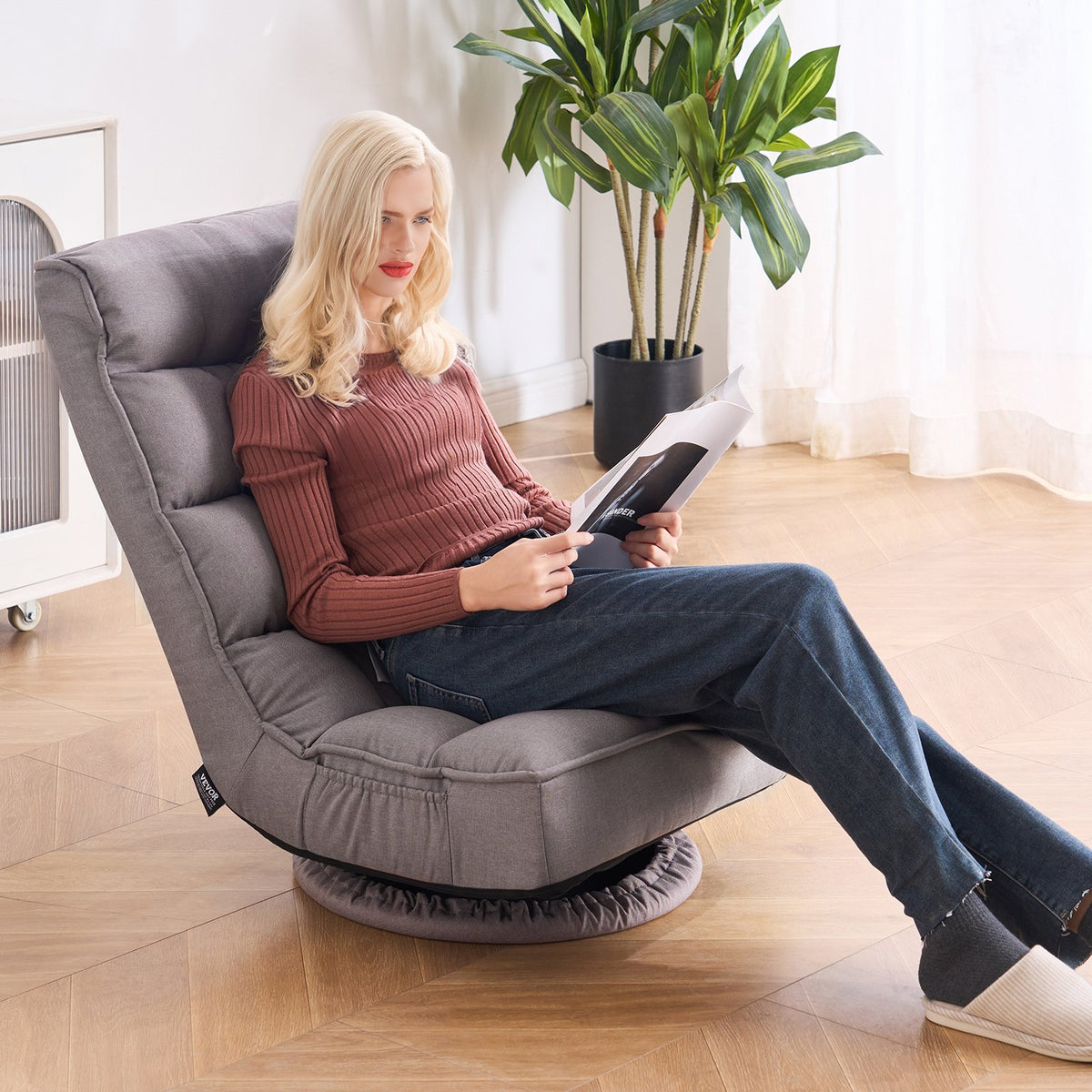VEVOR Swivel Floor Gaming Chair, 360-Degree Rotating Floor Chair with 4 Adjustable Position Folding Backrest and Lumbar Support, Folding Video Reclining Sofa for Watching TV Reading Playing Game, Gray - DBYXZKWFS000O4SU9V0 - view 9