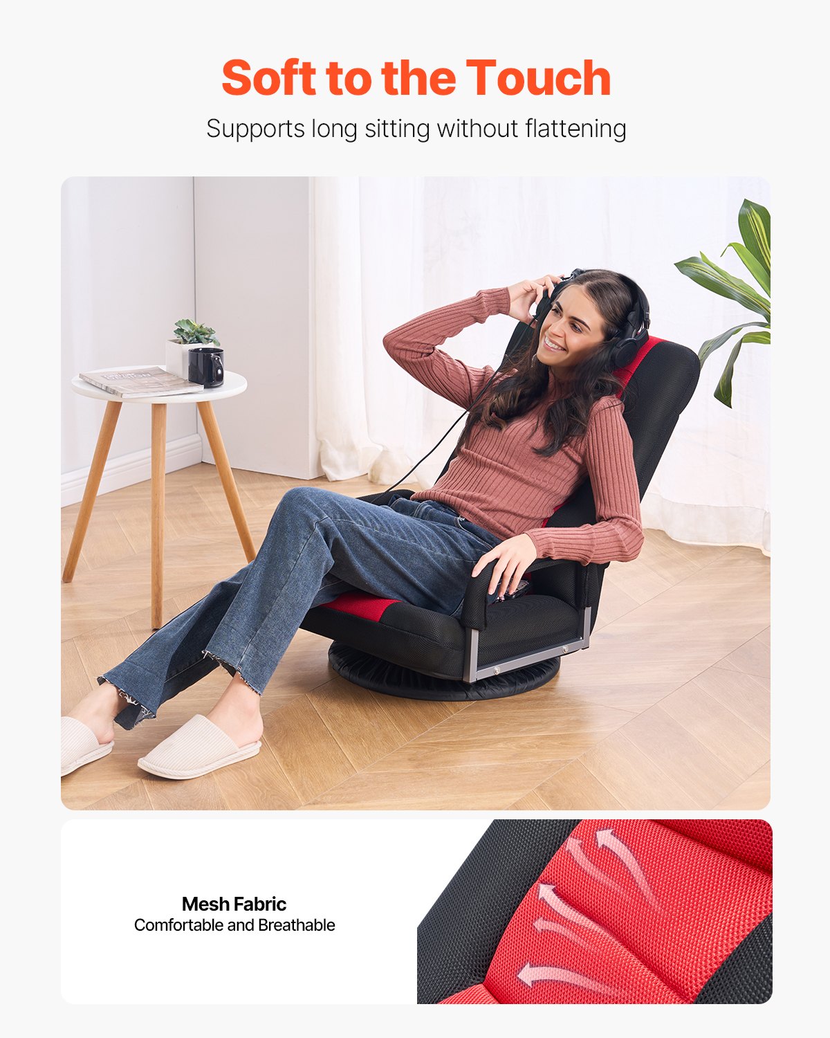 VEVOR Swivel Floor Gaming Chair with Armrests, 360-Degree Rotating Floor Chair with 6 Adjustable Position Folding Backrest and Lumbar Support, Folding Video Reclining Sofa for TV Reading, Red Black - DBYXZKYFS00053LZ2V0 - view 4