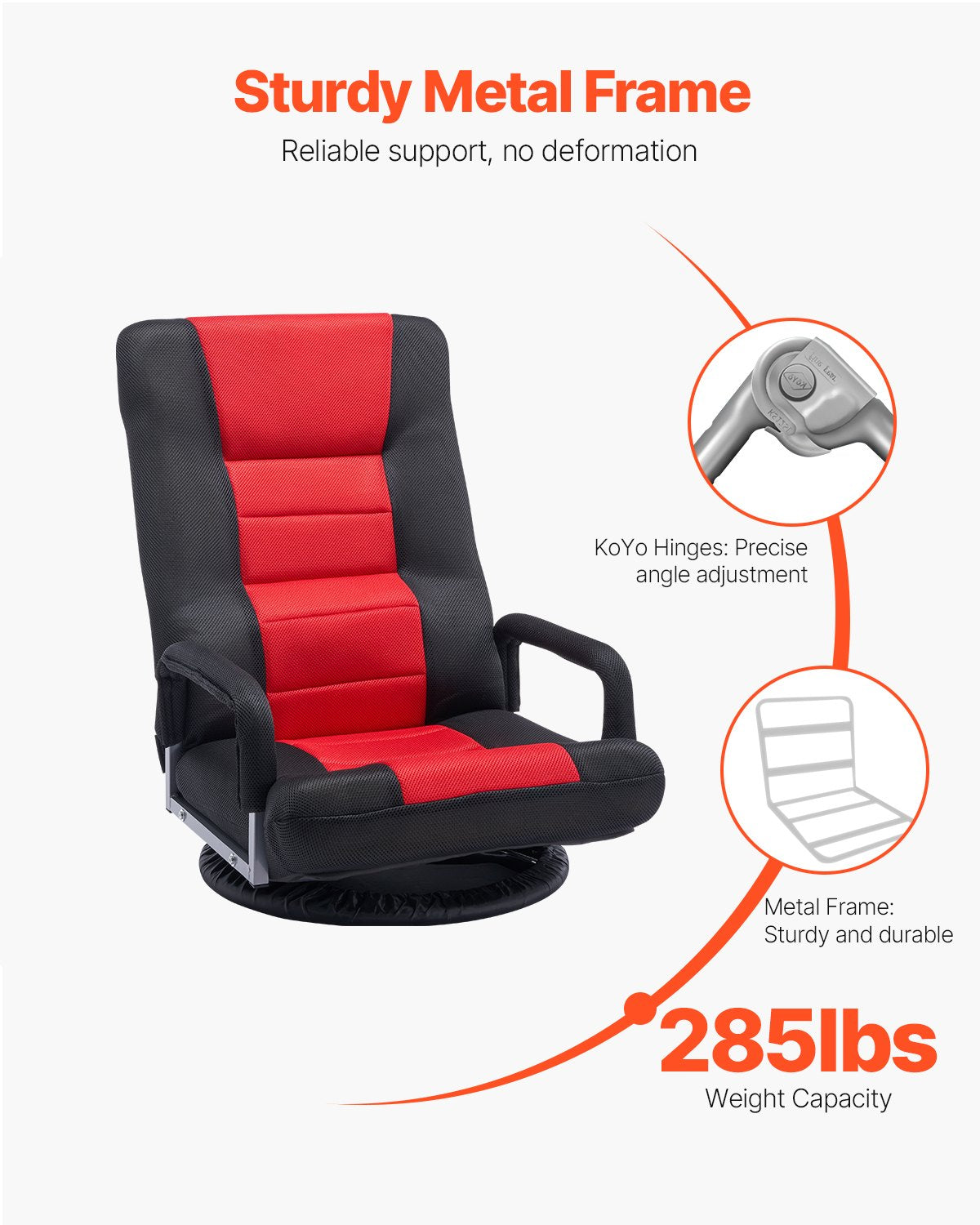 VEVOR Swivel Floor Gaming Chair with Armrests, 360-Degree Rotating Floor Chair with 6 Adjustable Position Folding Backrest and Lumbar Support, Folding Video Reclining Sofa for TV Reading, Red Black - DBYXZKYFS00053LZ2V0 - view 5