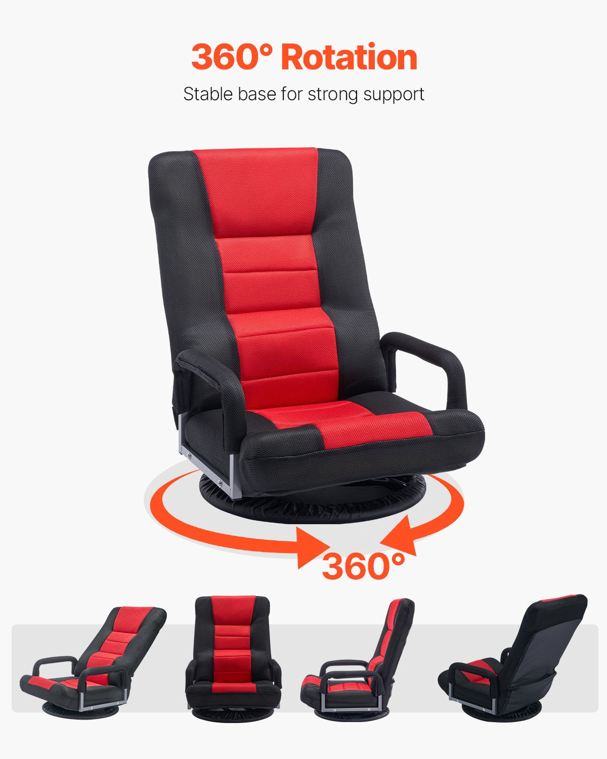 VEVOR Swivel Floor Gaming Chair with Armrests, 360-Degree Rotating Floor Chair with 6 Adjustable Position Folding Backrest and Lumbar Support, Folding Video Reclining Sofa for TV Reading, Red Black - DBYXZKYFS00053LZ2V0 - view 6