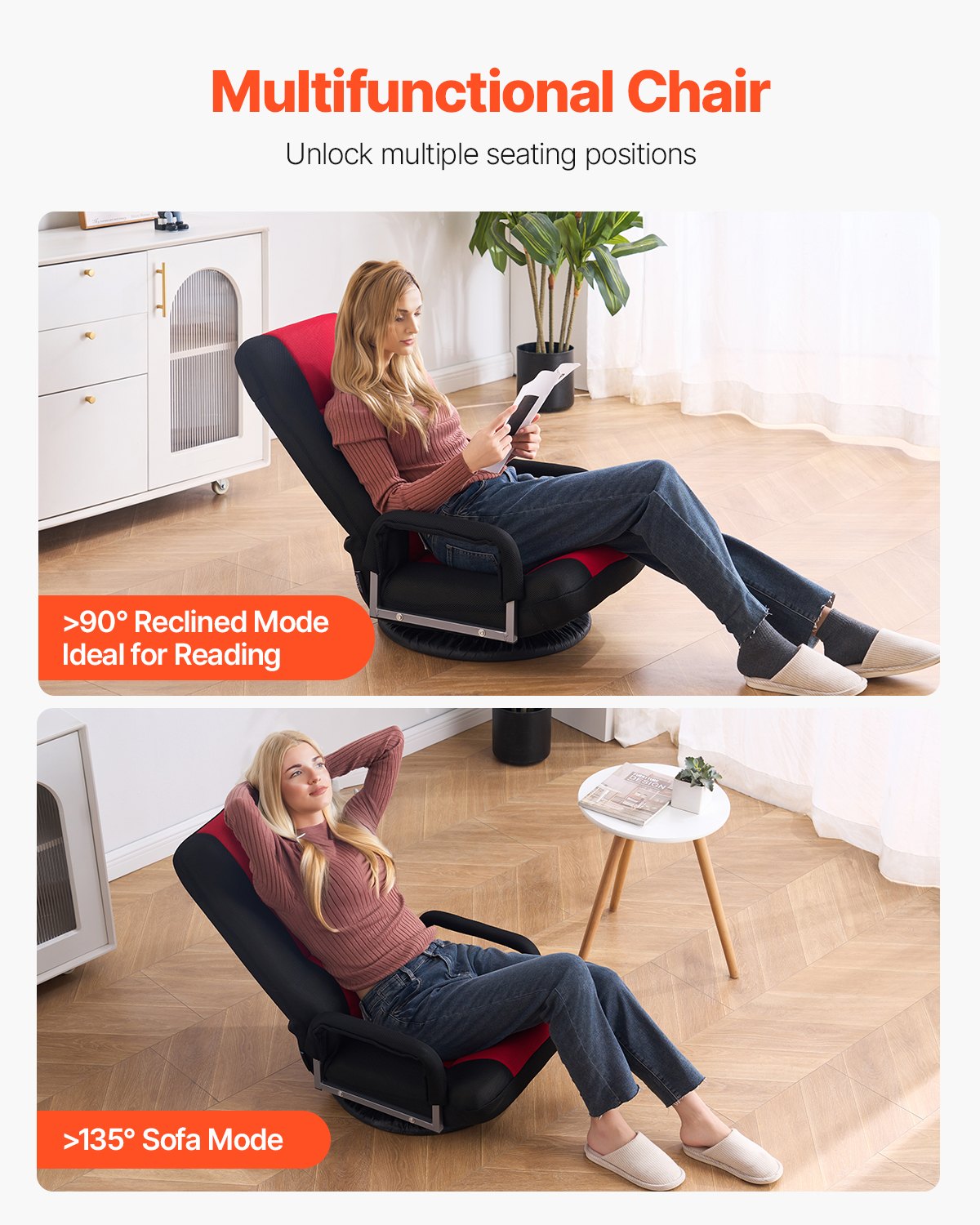 VEVOR Swivel Floor Gaming Chair with Armrests, 360-Degree Rotating Floor Chair with 6 Adjustable Position Folding Backrest and Lumbar Support, Folding Video Reclining Sofa for TV Reading, Red Black - DBYXZKYFS00053LZ2V0 - view 7