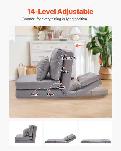 VEVOR Convertible Flip Chair, 5-Position Adjustable Floor Lazy Sofa, Folding Upholstered Couch Bed with Adjustable Backrest Metal Frame and Pillow, Folding Sofa Bed Chair for Living Room Bedroom, Gray - DBYZDCKWFS00JUGS1V0 - view 3