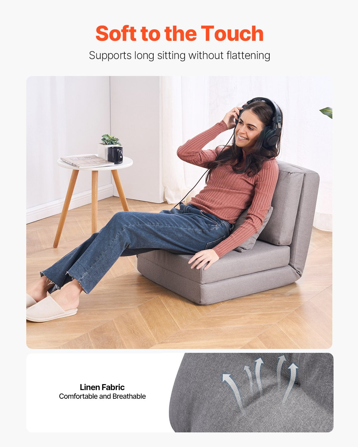 VEVOR Convertible Flip Chair, 5-Position Adjustable Floor Lazy Sofa, Folding Upholstered Couch Bed with Adjustable Backrest Metal Frame and Pillow, Folding Sofa Bed Chair for Living Room Bedroom, Gray - DBYZDCKWFS00JUGS1V0 - view 4