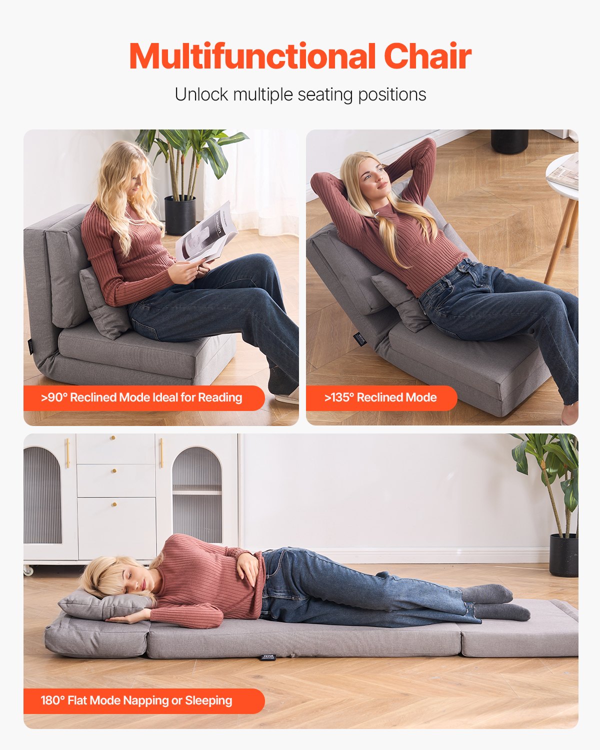 VEVOR Convertible Flip Chair, 5-Position Adjustable Floor Lazy Sofa, Folding Upholstered Couch Bed with Adjustable Backrest Metal Frame and Pillow, Folding Sofa Bed Chair for Living Room Bedroom, Gray - DBYZDCKWFS00JUGS1V0 - view 7
