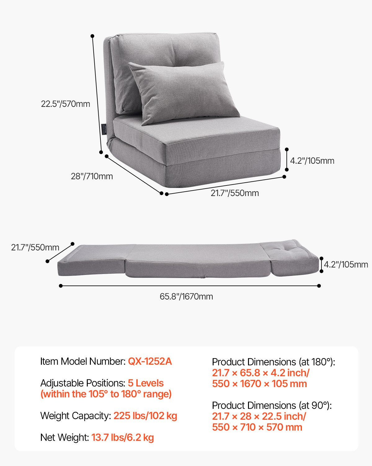 VEVOR Convertible Flip Chair, 5-Position Adjustable Floor Lazy Sofa, Folding Upholstered Couch Bed with Adjustable Backrest Metal Frame and Pillow, Folding Sofa Bed Chair for Living Room Bedroom, Gray - DBYZDCKWFS00JUGS1V0 - view 8