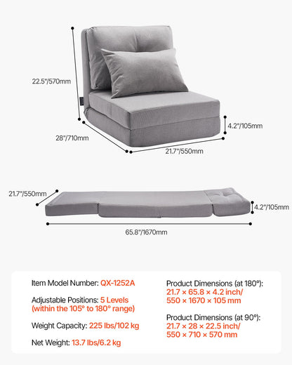 VEVOR Convertible Flip Chair, 5-Position Adjustable Floor Lazy Sofa, Folding Upholstered Couch Bed with Adjustable Backrest Metal Frame and Pillow, Folding Sofa Bed Chair for Living Room Bedroom, Gray - DBYZDCKWFS00JUGS1V0 - view 8