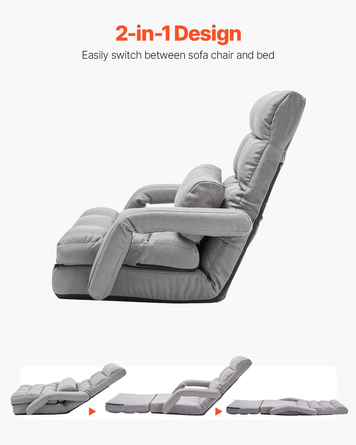 VEVOR Floor Chair, Floor Gaming Chair with 5 Adjustable Position and Back Support, Folding Sofa Chair with Armrest for Adults, Sofa Lounger Bed with Back Cushion for Living Room and Bedroom, Gray - DBYZDCKYFS00BNW2KV0 - view 6