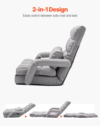 VEVOR Floor Chair, Floor Gaming Chair with 5 Adjustable Position and Back Support, Folding Sofa Chair with Armrest for Adults, Sofa Lounger Bed with Back Cushion for Living Room and Bedroom, Gray - DBYZDCKYFS00BNW2KV0 - view 6