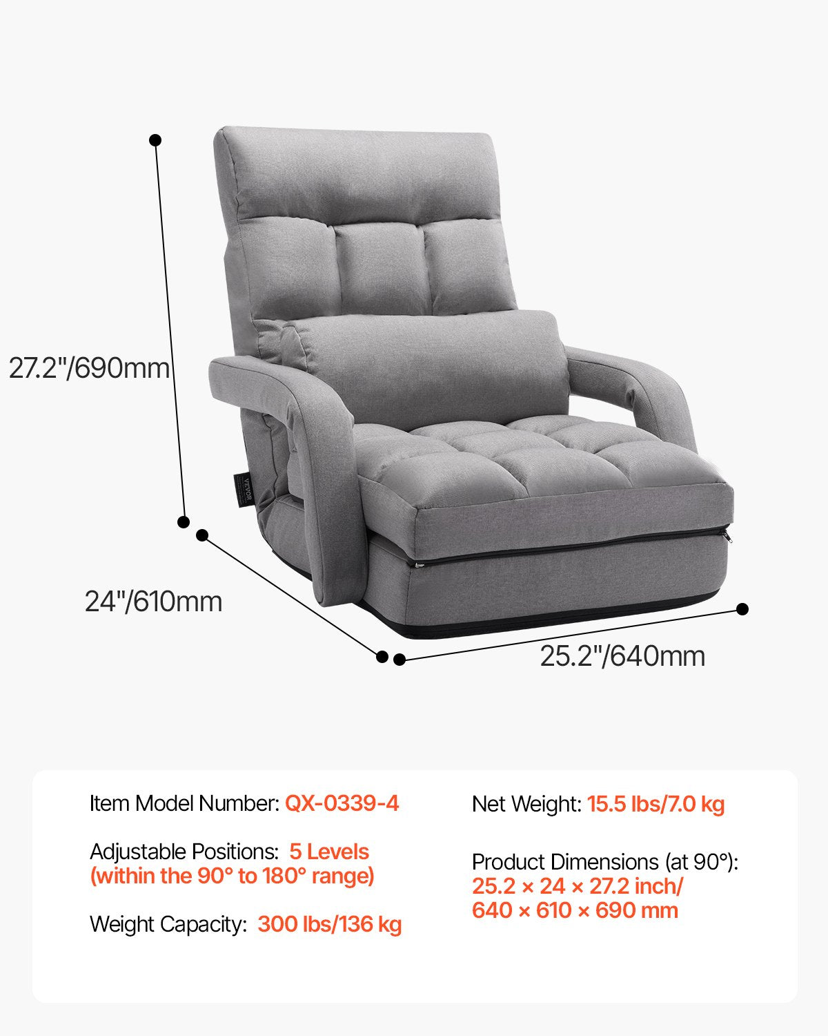VEVOR Floor Chair, Floor Gaming Chair with 5 Adjustable Position and Back Support, Folding Sofa Chair with Armrest for Adults, Sofa Lounger Bed with Back Cushion for Living Room and Bedroom, Gray - DBYZDCKYFS00BNW2KV0 - view 8