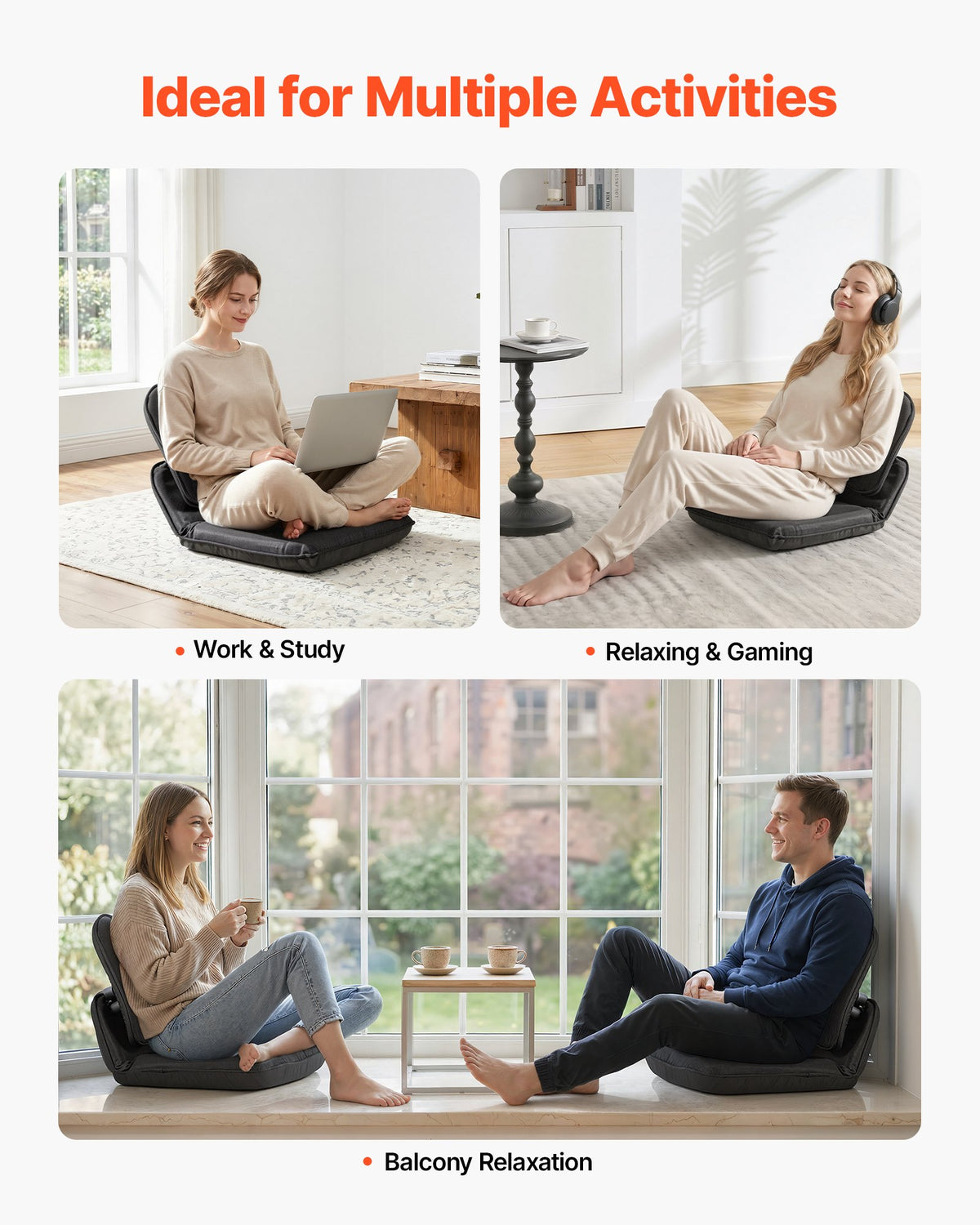 VEVOR Floor Chair, 5 Adjustable Positions Folding Floor Gaming Chair with Ergonomic Back Support, Sturdy Metal Frame with Recycled Foam and Linen Fabric, Multifunctional for Reading, Relaxing, Black - DBYZSRJGXKWFR8QA6001V0 - view 7