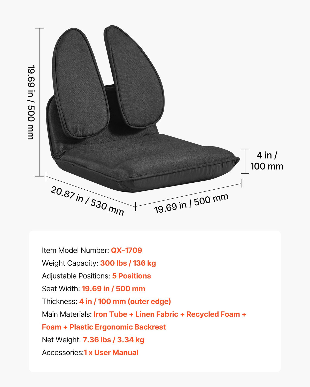 VEVOR Floor Chair, 5 Adjustable Positions Folding Floor Gaming Chair with Ergonomic Back Support, Sturdy Metal Frame with Recycled Foam and Linen Fabric, Multifunctional for Reading, Relaxing, Black - DBYZSRJGXKWFR8QA6001V0 - view 8