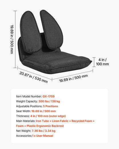 VEVOR Floor Chair, 5 Adjustable Positions Folding Floor Gaming Chair with Ergonomic Back Support, Sturdy Metal Frame with Recycled Foam and Linen Fabric, Multifunctional for Reading, Relaxing, Black - DBYZSRJGXKWFR8QA6001V0 - view 8
