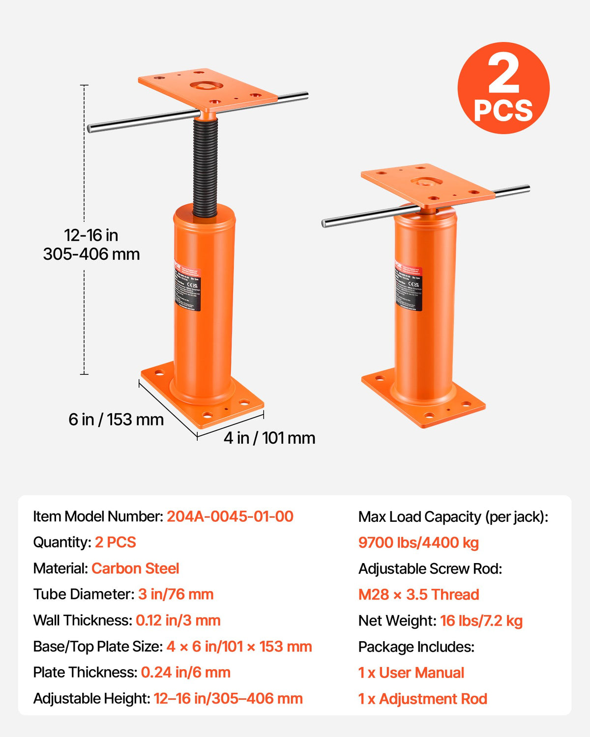 VEVOR House Floor Jacks, 2 Pack, 12"-16" Height Range, 9700 lbs Max Load Capacity Per Unit, Adjustable Support Beam Basement Jack Post Pole for Leveling, Steel Telescoping Jack for Temporary Support - DBZCQJD1216IHSWUOV0 - view 8