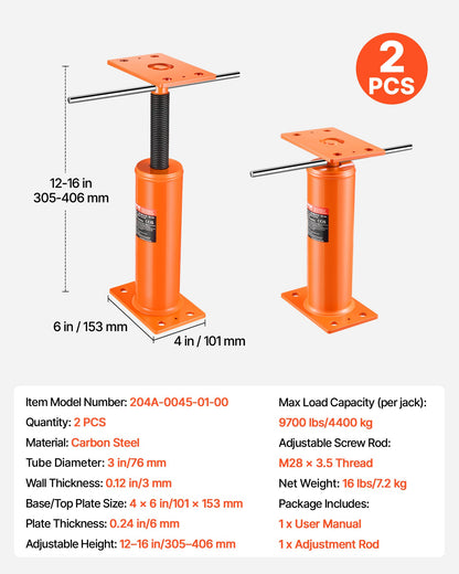 VEVOR House Floor Jacks, 2 Pack, 12"-16" Height Range, 9700 lbs Max Load Capacity Per Unit, Adjustable Support Beam Basement Jack Post Pole for Leveling, Steel Telescoping Jack for Temporary Support - DBZCQJD1216IHSWUOV0 - view 8