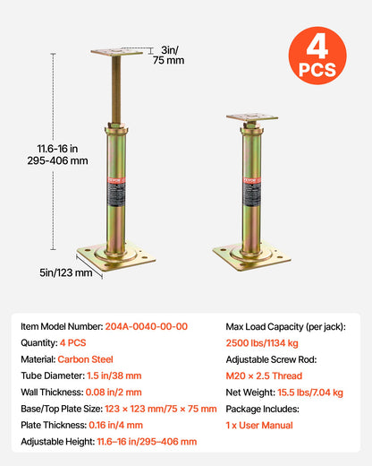 VEVOR House Floor Jacks, 4 Pack, 11.6"-16" Height Range, 2500 lbs Max Load Capacity Per Unit, Adjustable Support Beam Basement Jack Post for Leveling, Galvanized Telescoping Jack for Temporary Support - DBZCQJD1216IIFOIIV0 - view 8