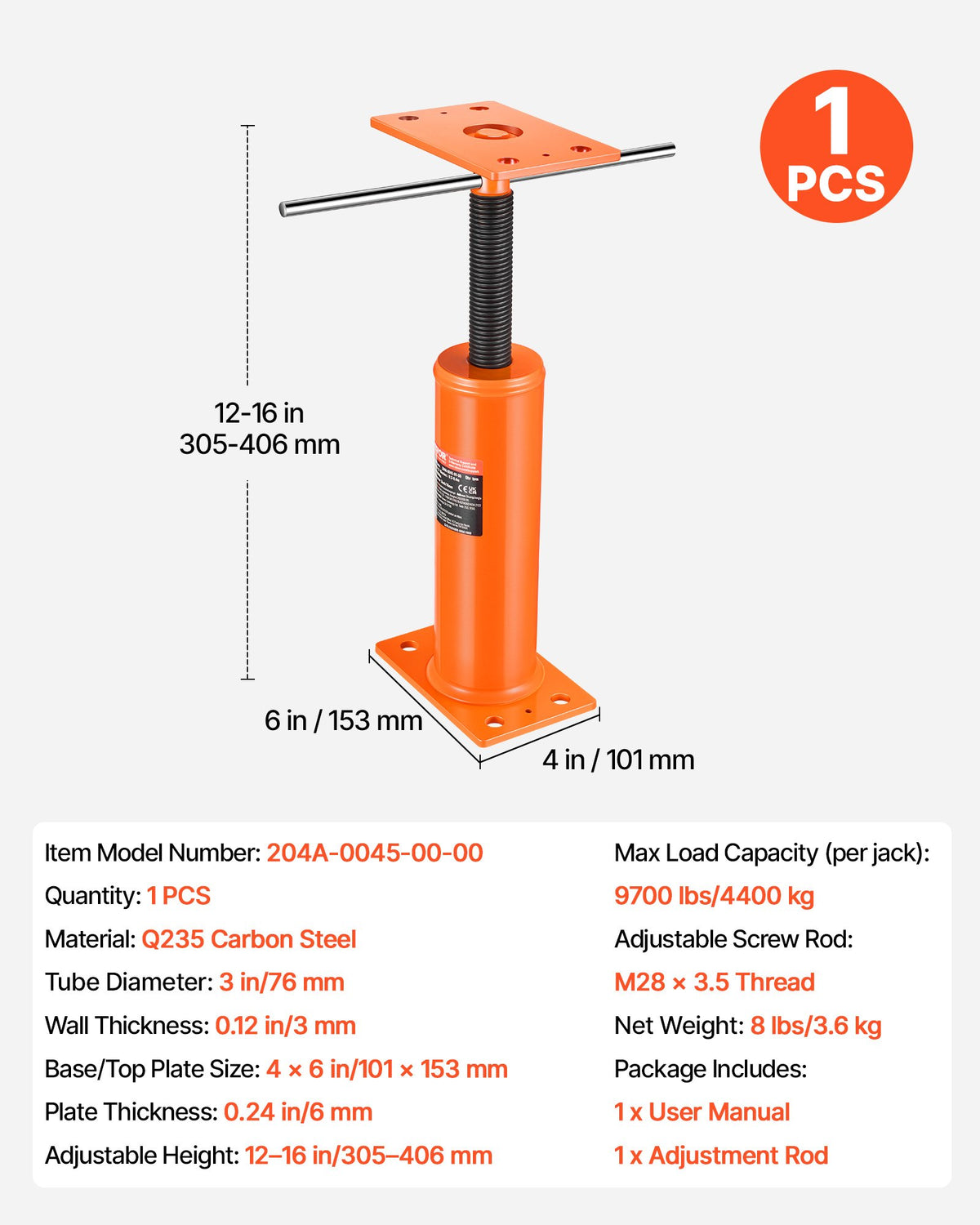 VEVOR House Floor Jack, 12"-16" Height Range, 9700 lbs Max Load Capacity, Adjustable Support Beam Basement Jack Post Pole for Leveling, Lift Support Steel Telescoping Jack Post for Temporary Support - DBZCQJD1216IVKQT4V0 - view 8