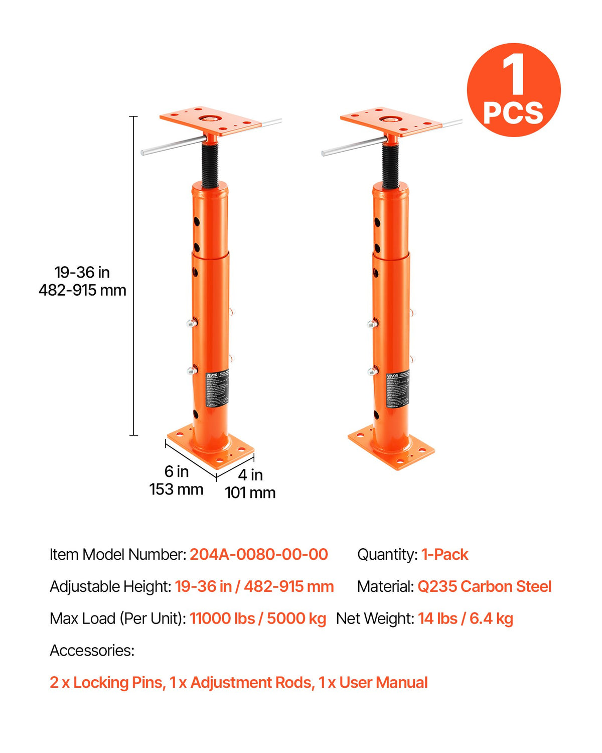 VEVOR House Floor Jack, 19"-36" Height Range, 18000 lbs Max Load Capacity, Adjustable Support Beam Basement Jack Post Pole for Leveling, Lift Support Steel Telescoping Jack Post for Temporary Support - DBZCQJD1G180ANNFGV0 - view 8