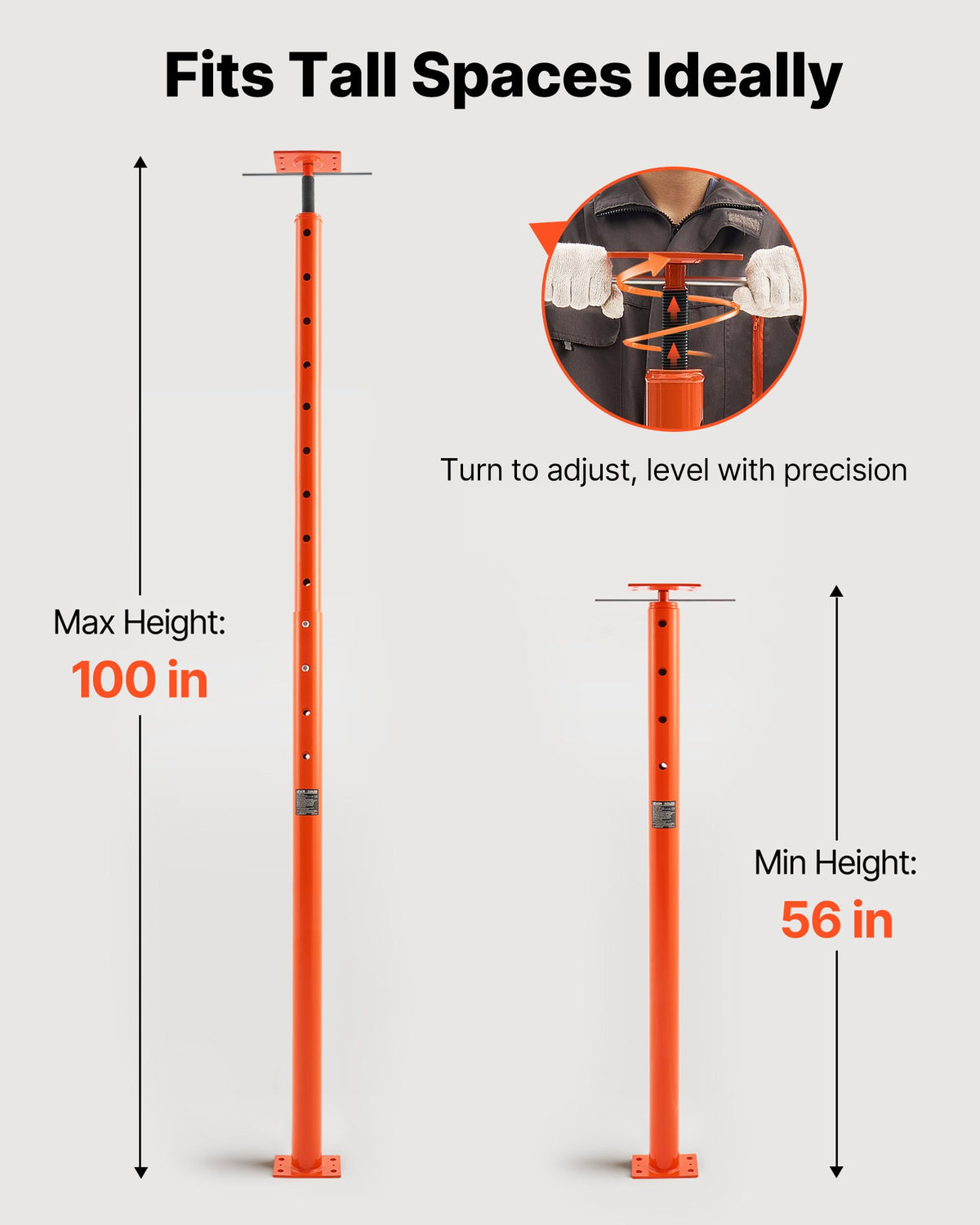 VEVOR House Floor Jack, 56"-100" Height Range, 18000 lbs Max Load Capacity, Adjustable Support Beam Basement Jack Post Pole for Leveling, Lift Support Steel Telescoping Jack for Temporary Support - DBZCQJD1G180O7V19V0 - view 4