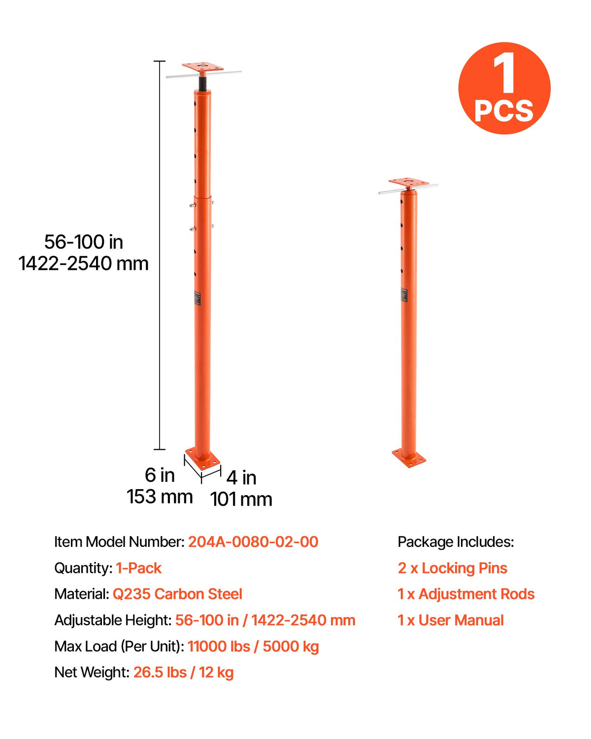 VEVOR House Floor Jack, 56"-100" Height Range, 18000 lbs Max Load Capacity, Adjustable Support Beam Basement Jack Post Pole for Leveling, Lift Support Steel Telescoping Jack for Temporary Support - DBZCQJD1G180O7V19V0 - view 8