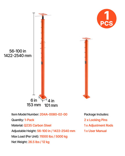VEVOR House Floor Jack, 56"-100" Height Range, 18000 lbs Max Load Capacity, Adjustable Support Beam Basement Jack Post Pole for Leveling, Lift Support Steel Telescoping Jack for Temporary Support - DBZCQJD1G180O7V19V0 - view 8