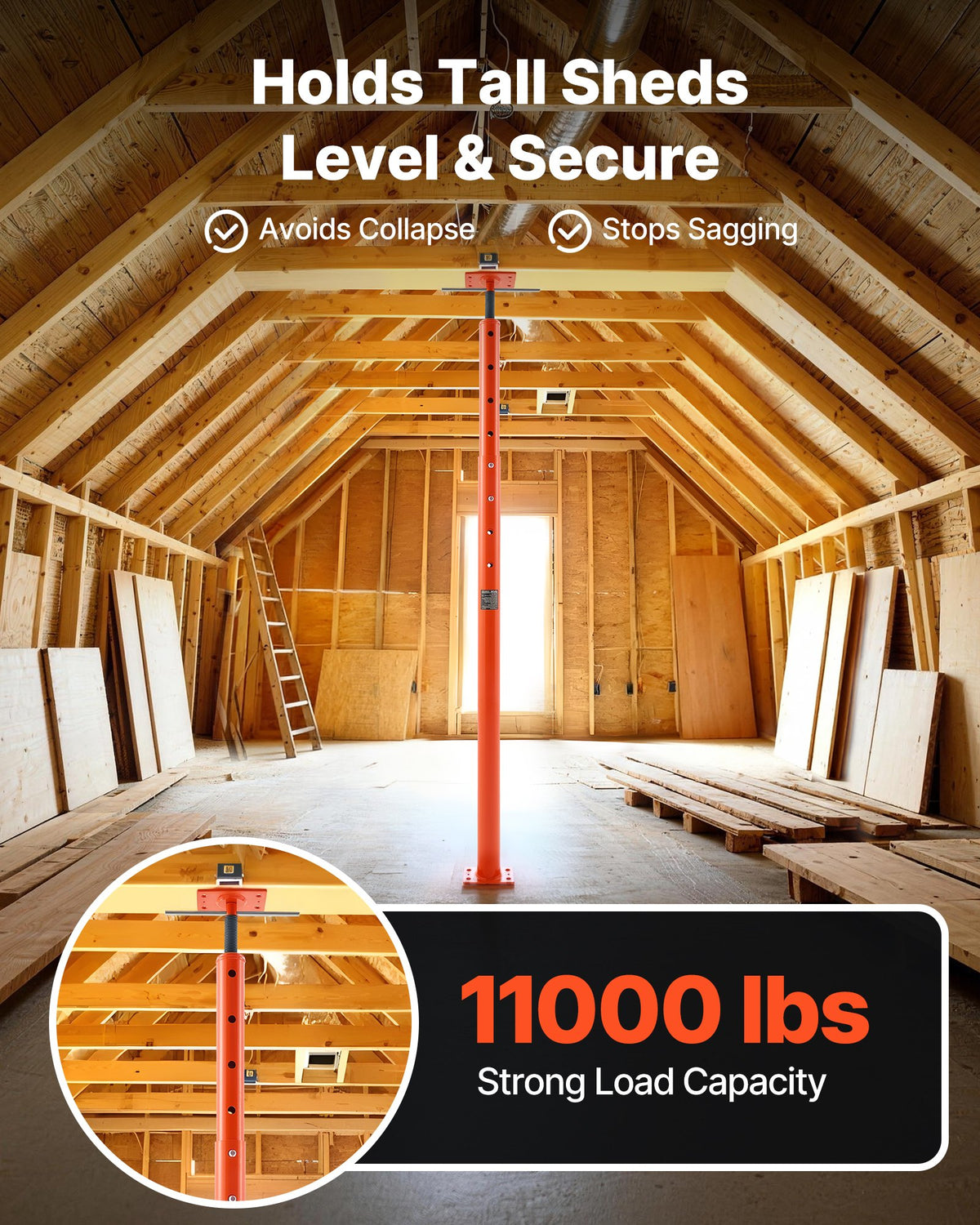 VEVOR House Floor Jack, 53"-93" Height Range, 18000 lbs Max Load Capacity, Adjustable Support Beam Basement Jack Post Pole for Leveling, Lift Support Steel Telescoping Jack Post for Temporary Support - DBZCQJD1G180QDA02V0 - view 3